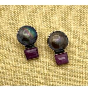 Amy Kahn Russell Sterling Silver Post Earrings with Dark Mabe Pearls and Rubies